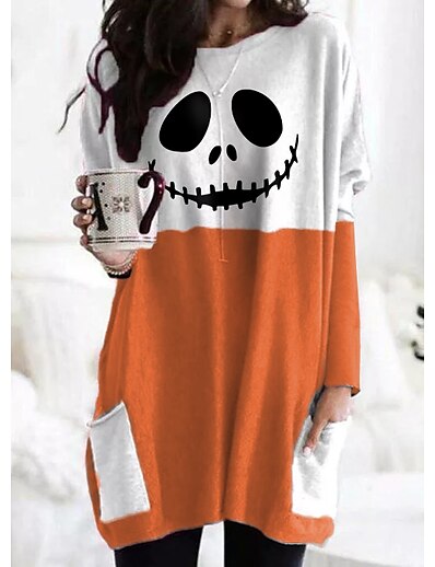 cheap Women&#039;s Tops-Women&#039;s T shirt Abstract Painting Plaid Color Block Pumpkin Round Neck Pocket Print Basic Halloween Tops Black Gray Wine / 3D Print
