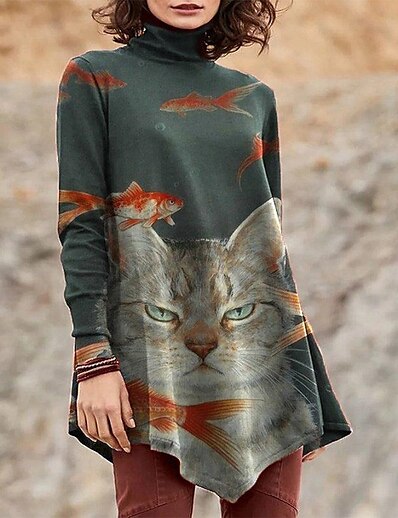 cheap Women&#039;s Tops-Women&#039;s Tunic T shirt Cat Painting Cat Animal High Neck Print Basic Tops Gray / 3D Print