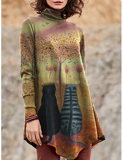 cheap Women&#039;s Tops-Women&#039;s Tunic T shirt Geometric Painting Plants Animal High Neck Print Basic Tops Khaki / 3D Print
