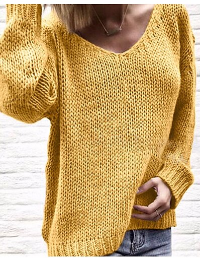 cheap Sweaters &amp; Cardigans-Women&#039;s Pullover Sweater Jumper Solid Color Knitted Stylish Basic Casual Long Sleeve Sweater Cardigans Fall Winter V Neck Light Blue Yellow Blushing Pink