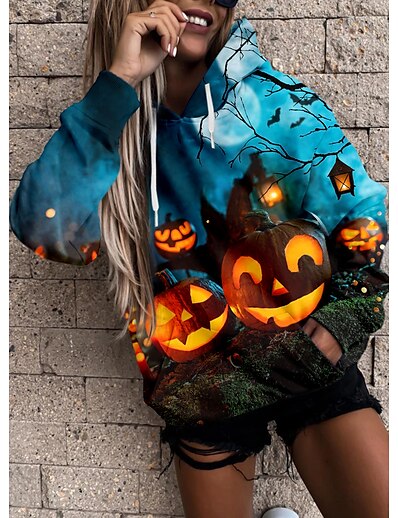 cheap Women&#039;s Tops-Women&#039;s 3D Pumpkin Hoodie Sweatshirt Front Pocket Print 3D Print Halloween Sports Streetwear Halloween Hoodies Sweatshirts  Blue