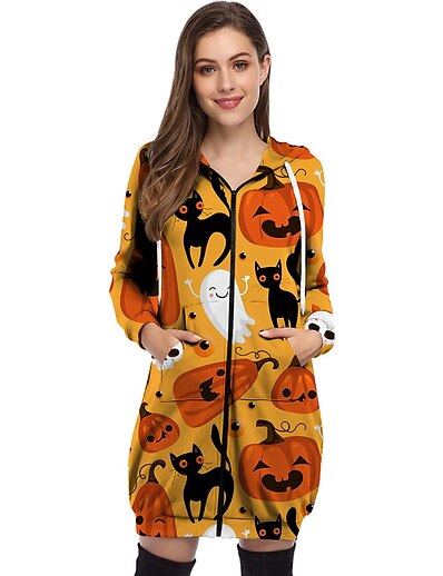 cheap Women&#039;s Tops-Women&#039;s Halloween Pumpkin Zip Up Hoodie Sweatshirt Zipper Front Pocket Print 3D Print Halloween Casual Streetwear Halloween Hoodies Sweatshirts  Yellow Orange