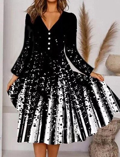 cheap Dresses-Women&#039;s Midi Dress A Line Dress Black Long Sleeve Print Polka Dot Print V Neck Spring Summer Casual Vintage 2022 S M L XL XXL 3XL