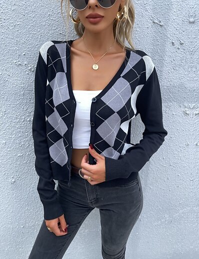 cheap Sweaters &amp; Cardigans-Women&#039;s Cardigan Plaid Argyle Knitted Stylish Basic Casual Long Sleeve Slim Sweater Cardigans Fall Spring Open Front Black / Holiday / Going out
