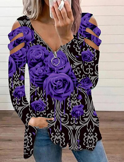 cheap Women&#039;s Tops-Women&#039;s Blouse Eyelet top Floral Theme Long Sleeve Floral V Neck Quarter Zip Print Vintage Tops Regular Fit Blue Purple Fuchsia