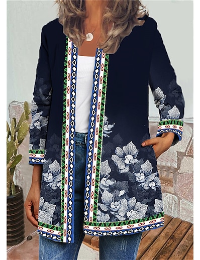 hesapli Kadın Dış Giyim-Kadın&#039;s Ceketler Sonbahar Günlük Tatil Normal Ceket Yuvarlak Yaka Nefes Alabilir Normal Günlük Ceketler Uzun Kollu Desen Çiçekli Yonca Havuz Siyah