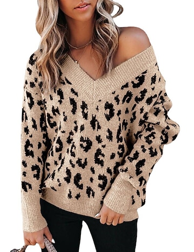 cheap Women&#039;s Clothing-Women&#039;s Pullover Leopard Knitted Stylish Long Sleeve Sweater Cardigans Fall Winter V Neck Gray Khaki
