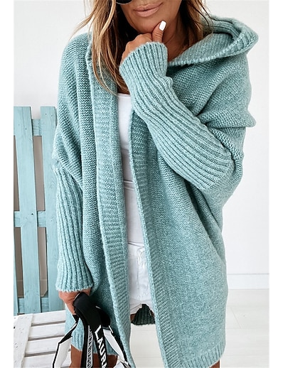 cheap Sweaters &amp; Cardigans-Women&#039;s Cardigan Solid Color Hooded Stylish Basic Casual Long Sleeve Loose Sweater Cardigans Fall Winter Hooded Open Front Apple Green Denim Purple / Holiday / Going out