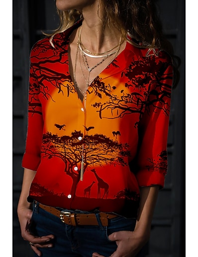 cheap Women&#039;s Tops-Women&#039;s Blouse Shirt Floral Theme Scenery 3D Shirt Collar Button Print Casual Streetwear Tops Red / 3D Print