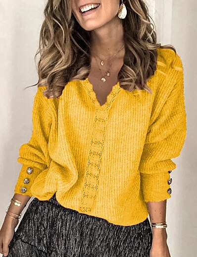 cheap Sweaters &amp; Cardigans-Women&#039;s Pullover Sweater Solid Color Button Stylish Casual Sexy Long Sleeve Sweater Cardigans Fall Winter V Neck Blue Yellow Blushing Pink