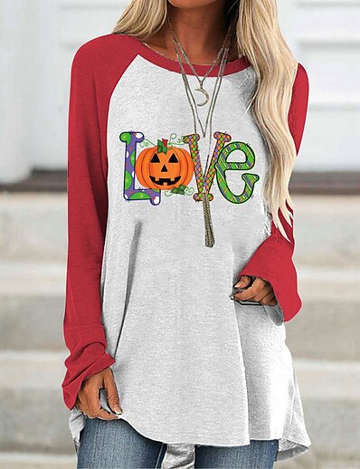 cheap Women&#039;s Tops-Women&#039;s T shirt Abstract Painting Color Block Pumpkin Letter Round Neck Patchwork Print Basic Halloween Tops Green Red Brown
