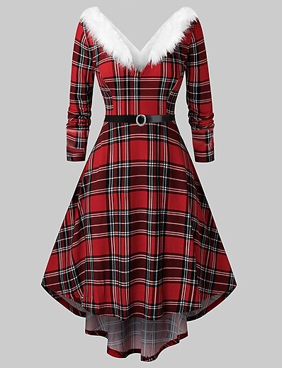 cheap Plus size-Women&#039;s Plus Size Plaid A Line Dress Print V Neck Long Sleeve Casual Vintage Fall Winter Daily Going out Knee Length Dress Dress