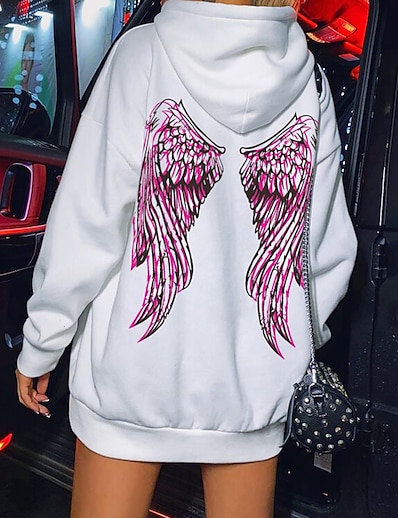 cheap Women&#039;s Tops-Women&#039;s Plus Size Wings Letter Pullover Hoodie Sweatshirt Front Pocket Print Other Prints Sports &amp; Outdoor Casual Daily Sportswear Casual Hoodies Sweatshirts  Loose Black White / Fleece Lining