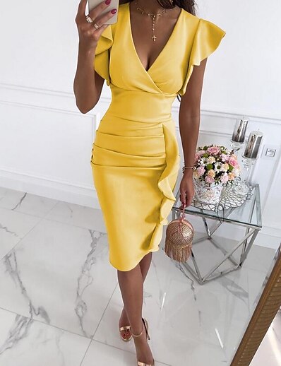 cheap Dresses-Women&#039;s Knee Length Dress Sheath Dress Black Yellow Red Apricot Sleeveless Ruched Ruffle Pure Color V Neck Spring Summer Party Stylish Elegant Sexy 2022 Slim S M L XL XXL