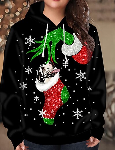 cheap Plus size-Women&#039;s Plus Size Tops Hoodie Sweatshirt Dog Snowflake Long Sleeve Print Streetwear Christmas V Neck Spandex Christmas Daily Fall Winter Black Gray