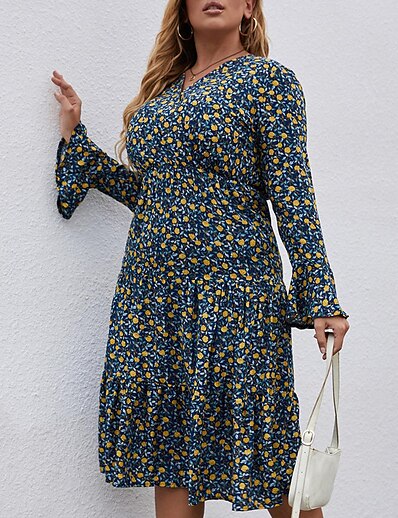 cheap Plus size-Women&#039;s Plus Size Print A Line Dress V Neck Long Sleeve Casual Fall Spring Casual Daily Midi Dress Dress