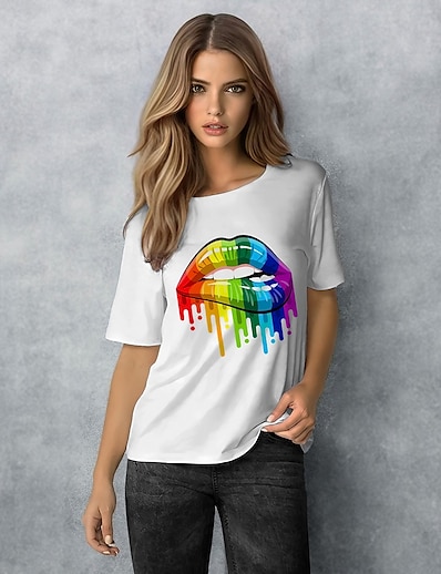 cheap Tees &amp; T Shirts-Women&#039;s Daily Weekend T shirt Tee Short Sleeve Rainbow Food Round Neck Print Basic Tops 100% Cotton White Black Pink S / Summer