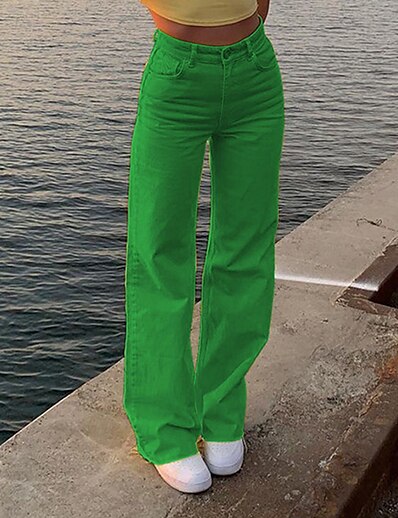 cheap Women&#039;s Bottoms-Women&#039;s Basic Fashion Wide Leg Pocket Pants Slacks Full Length Pants Micro-elastic Casual Daily Plain Mid Waist Comfort Green Pink Orange S M L