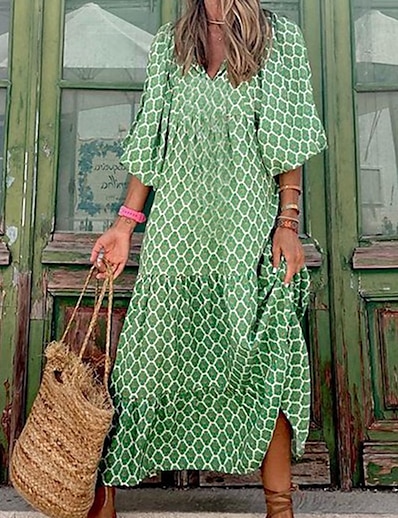 cheap Dresses-Women&#039;s Maxi long Dress A Line Dress Green 3/4 Length Sleeve Patchwork Print Geometric V Neck Fall Spring Holiday Casual Boho Flare Cuff Sleeve 2021 S M L XL