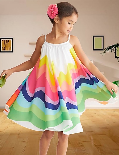 hesapli 2022 Trendleri-Çocuklar Yürümeye başlayan çocuk Küçük Genç Kız Elbise Çiçekli Kırk Yama Ljetna haljina Gökküşağı Diz-boyu Kolsuz sevimli Stil Tatlı Elbiseler Çocukların Günü Normal