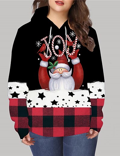 cheap Plus size-Women&#039;s Plus Size Tops Hoodie Sweatshirt Plaid Graphic Long Sleeve Print Streetwear Christmas V Neck Spandex Christmas Daily Fall Winter Black Gray