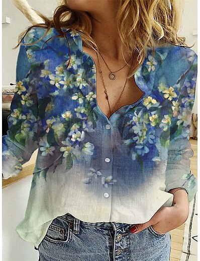 cheap Blouses &amp; Shirts-Women&#039;s Blouse Shirt Floral Theme Floral Abstract Shirt Collar Button Print Casual Streetwear Tops Blue / 3D Print