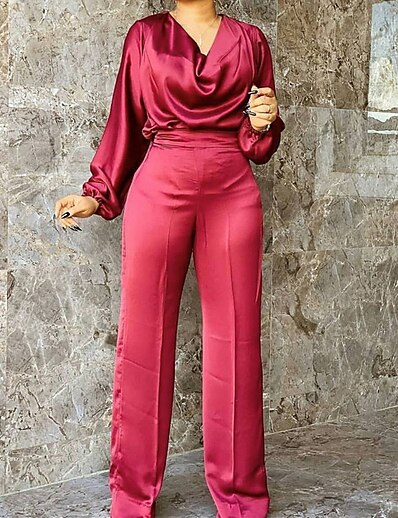 cheap Jumpsuits &amp; Rompers-Women&#039;s Jumpsuit Solid Colored Casual Daily V Neck Casual Daily Wear Long Sleeve Regular Fit Green Red L XL XXL Fall