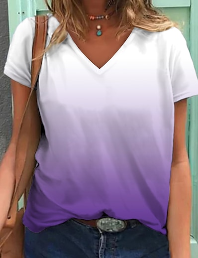 abordables Camisas y Camisetas para Mujer-Mujer Casual Diario Camiseta Manga Corta Gradiente de Color Graphic Escote en Pico Básico Tops Rosa Claro Blanco + púrpura Verde + azul S / Impresión 3D