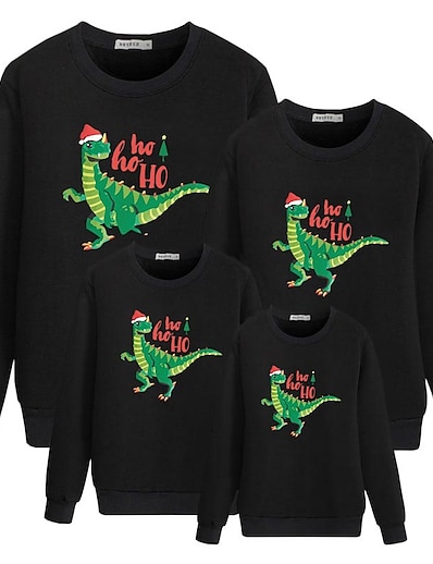 저렴한 Family Matching Outfits-패밀리 룩 면 상의 맨투맨 스웻티셔츠 크리스마스 선물 공룡 문자 프린트 화이트 블랙 긴 소매 베이직 일치하는 의상 / 가을 / 봄 / 귀여운 스타일