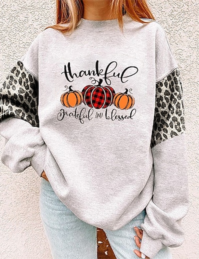 cheap Women&#039;s Tops-Women&#039;s Plaid Checkered Leopard Pumpkin Sweatshirt Pullover Print Halloween Weekend Streetwear Halloween Hoodies Sweatshirts  Light gray