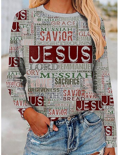 cheap Women&#039;s Tops-Women&#039;s T shirt Jesus Letter V Neck Printing Basic Tops Black Gray Brown