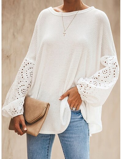 cheap Women&#039;s Tops-Women&#039;s T shirt Long Sleeve Plain Round Neck Cut Out Basic Tops Loose Blue Gray White