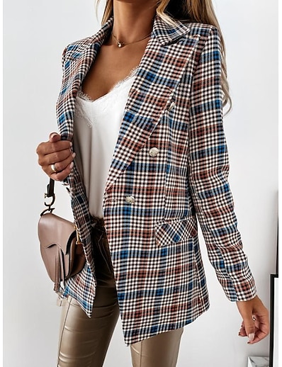 cheap Women&#039;s Outerwear-Women&#039;s Blazer Fall Daily Going out Long Coat Warm Regular Fit Elegant Jacket Long Sleeve Print Plain Houndstooth Blue Black Khaki / Plaid / Check
