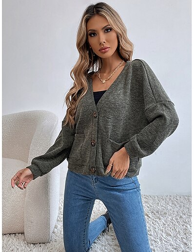 cheap Sweaters &amp; Cardigans-Women&#039;s Cardigan Solid Color Knitted Vintage Style Long Sleeve Sweater Cardigans Fall Spring V Neck Gray