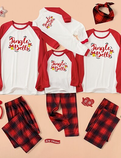 cheap Family Matching Outfits-Family Look Christmas Pajamas Daily Plaid Letter Patchwork Black Red Long Sleeve Daily Matching Outfits / Fall / Winter / Cute / Print