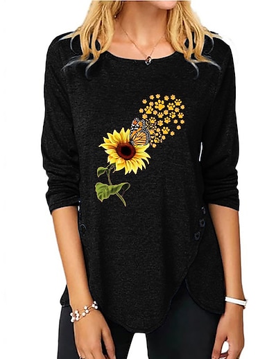 cheap Women&#039;s Tops-Women&#039;s T shirt Floral Theme Butterfly Painting Butterfly Sunflower Round Neck Button Print Basic Tops Green Blue Black