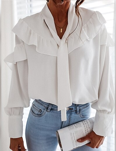 cheap Women&#039;s Tops-Women&#039;s Blouse Shirt Long Sleeve Plain V Neck Lace up Ruffle Basic Streetwear Tops Regular Fit White