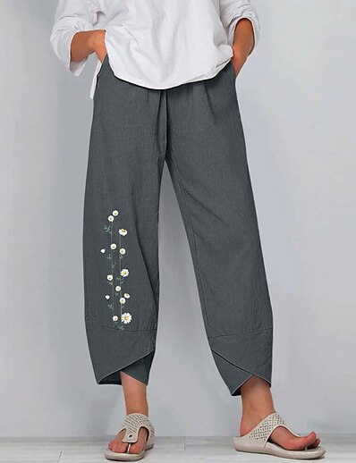 cheap Women&#039;s Bottoms-Women&#039;s Folk Style Print Capri shorts Slacks Ankle-Length Pants Inelastic Daily Graphic Flower / Floral Mid Waist Loose Black Grey S M L XL XXL