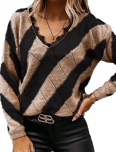 cheap Sweaters &amp; Cardigans-Women&#039;s Sweater Pullover Jumper Color Block Knitted Stylish Casual Sexy Long Sleeve Regular Fit Sweater Cardigans Fall Winter V Neck Khaki / Going out