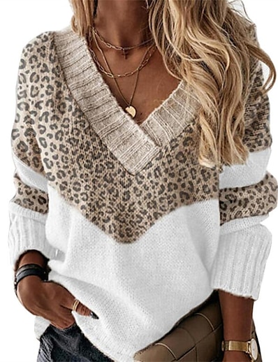 cheap Sweaters &amp; Cardigans-Women&#039;s Pullover Sweater Jumper Leopard Print Color Block Patchwork Print Stylish Basic Casual Long Sleeve Regular Fit Sweater Cardigans Fall Winter V Neck Khaki / Daily / Holiday / Going out