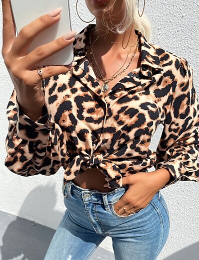 cheap Women&#039;s Tops-Women&#039;s Going out Blouse Shirt Long Sleeve Leopard Shirt Collar Button Print Casual Streetwear Tops Khaki
