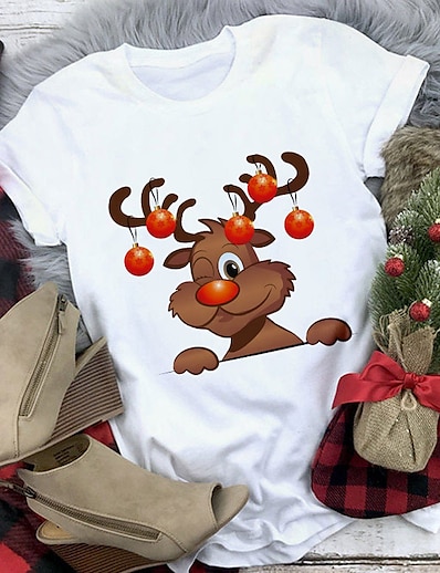 cheap Plus size-Women&#039;s Plus Size Tops T shirt Cartoon Deer Short Sleeve Print Streetwear Christmas Crewneck Polyster Christmas Daily Fall Winter Wine Black