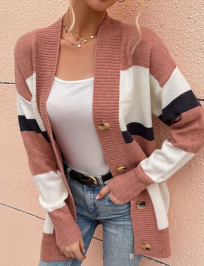 cheap Sweaters &amp; Cardigans-Women&#039;s Cardigan Color Block Knitted Stylish Long Sleeve Regular Fit Sweater Cardigans Fall Winter Open Front Blushing Pink khaki