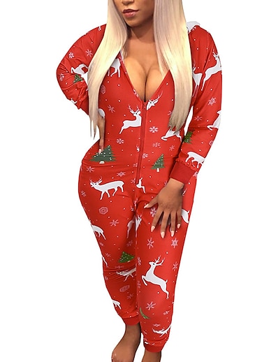 cheap Jumpsuits &amp; Rompers-Women&#039;s Jumpsuit Geometric Print Casual V Neck Home Long Sleeve Regular Fit Red cat Red deer White deer S M L Fall