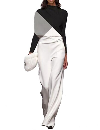 cheap Jumpsuits &amp; Rompers-Women&#039;s Jumpsuit Color Block Casual Crew Neck Street Daily Wear Long Sleeve Regular Fit White S M L Fall