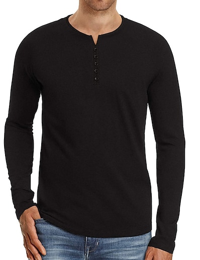 hesapli Erkek Giyim-Erkek T gömlek Tek Renk Alttan Düğmeli Yaka Günlük Dış mekan Uzun Kollu Aşağı düğmesi Üstler Basit Moda Sporlar Siyah Açık Gri Koyu Gri