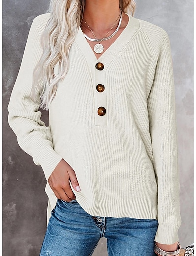 저렴한 스웨터 &amp; 가디건-여성용 스웨터 한 색상 니트 캐쥬얼 긴 소매 루즈핏 스웨터 가디건 가을 겨울 V 넥 라이트 블루 까이 란 퍼플