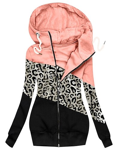 cheap Women&#039;s Outerwear-Women&#039;s Jacket Hoodied Jacket Fall Winter Street Daily Regular Coat Warm Regular Fit Casual Jacket Long Sleeve Full Zip Print Color Block Leopard Yellow (solid color stitching) Pink (leopard