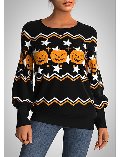 cheap Women&#039;s Tops-Women&#039;s Lines / Waves Pumpkin Sweatshirt Pullover Print Halloween Sports Streetwear Halloween Hoodies Sweatshirts  Black