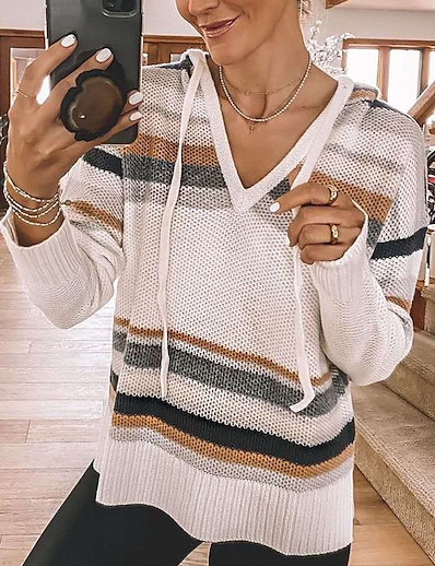 cheap Sweaters &amp; Cardigans-Women&#039;s Pullover Sweater Striped Knitted Stylish Casual Soft Long Sleeve Regular Fit Sweater Cardigans Fall Winter Hooded White